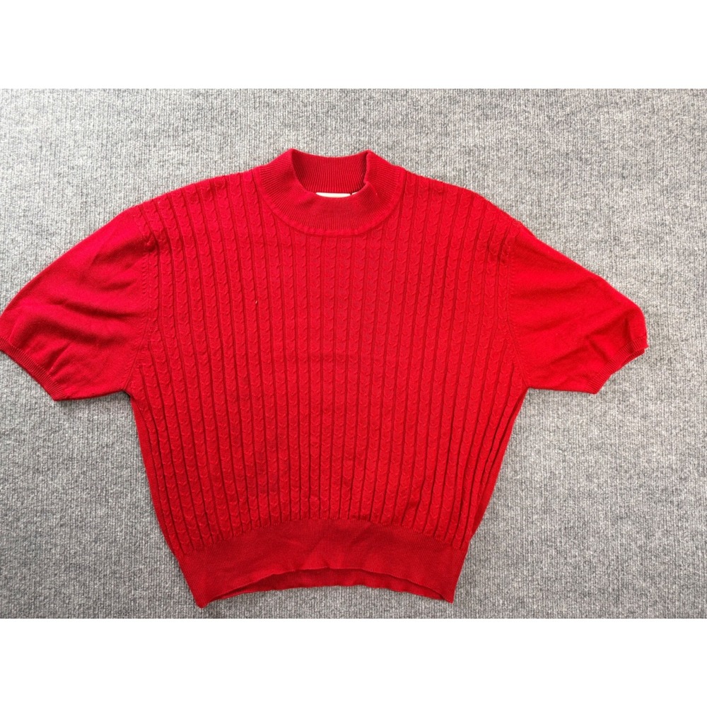Vintage Career Essentials Red Cable Knit Short Sleeve Sweater XL Cotton 90s
